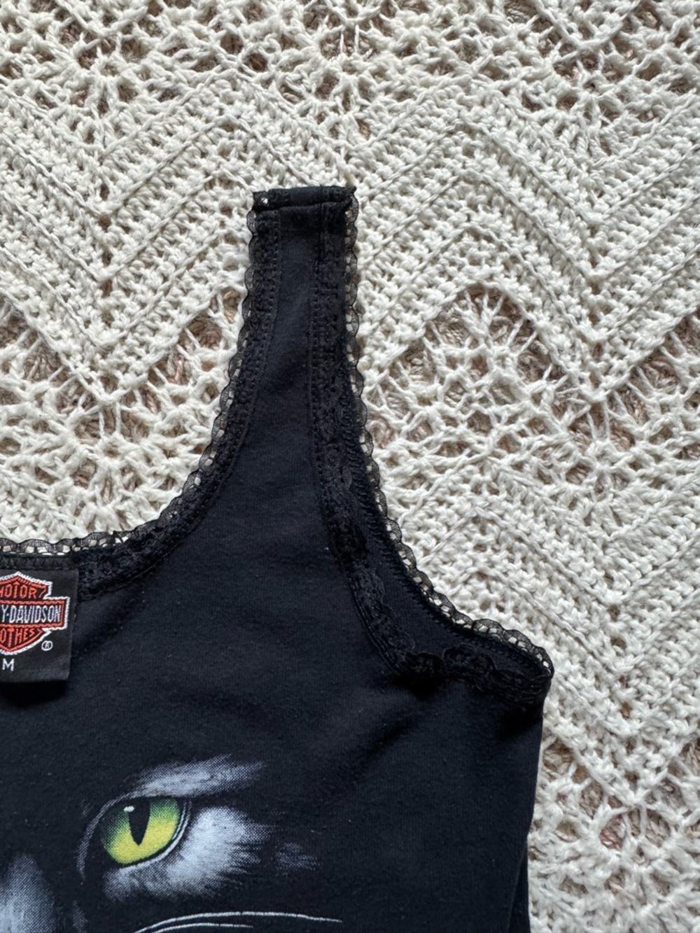 Vintage 1991 Harley Davidson "Cat Eyes" Tank Top 3D Emblem Size M Lace Trim - Picture 6 of 10
